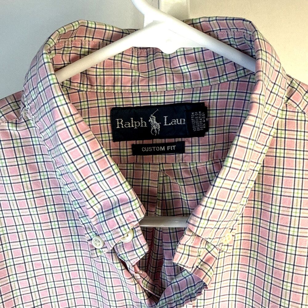 Ralph Lauren Custom Fit Pink Plaid Button Down Shirt Men Sz M 100% Cotton